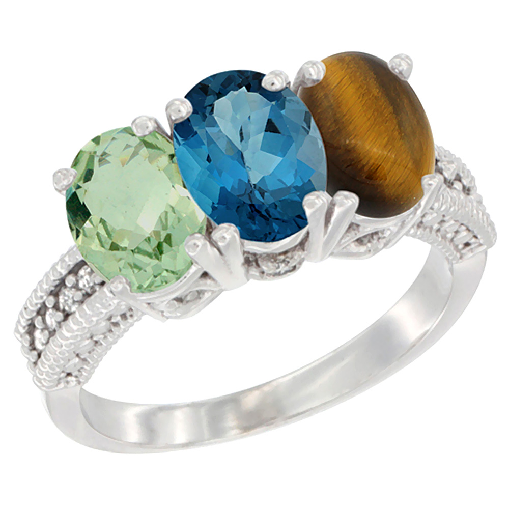 10K White Gold Natural Green Amethyst, London Blue Topaz &amp; Tiger Eye Ring 3-Stone Oval 7x5 mm Diamond Accent, sizes 5 - 10