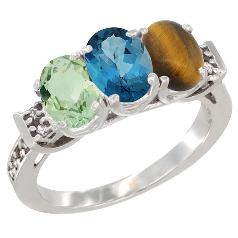 14K White Gold Natural Green Amethyst, London Blue Topaz & Tiger Eye Ring 3-Stone 7x5 mm Oval Diamond Accent, sizes 5 - 10