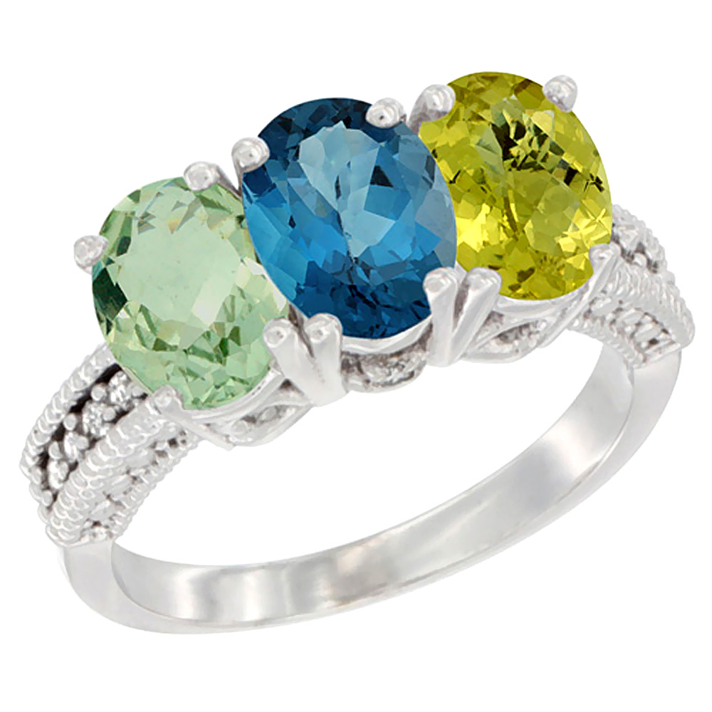 14K White Gold Natural Green Amethyst, London Blue Topaz &amp; Lemon Quartz Ring 3-Stone 7x5 mm Oval Diamond Accent, sizes 5 - 10