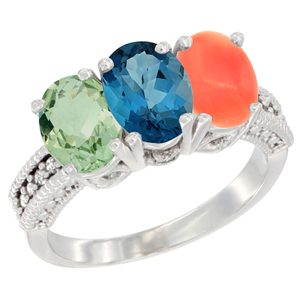 10K White Gold Natural Green Amethyst, London Blue Topaz & Coral Ring 3-Stone Oval 7x5 mm Diamond Accent, sizes 5 - 10