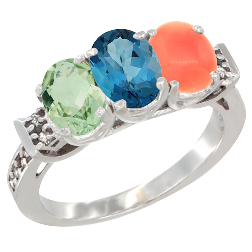 14K White Gold Natural Green Amethyst, London Blue Topaz &amp; Coral Ring 3-Stone 7x5 mm Oval Diamond Accent, sizes 5 - 10
