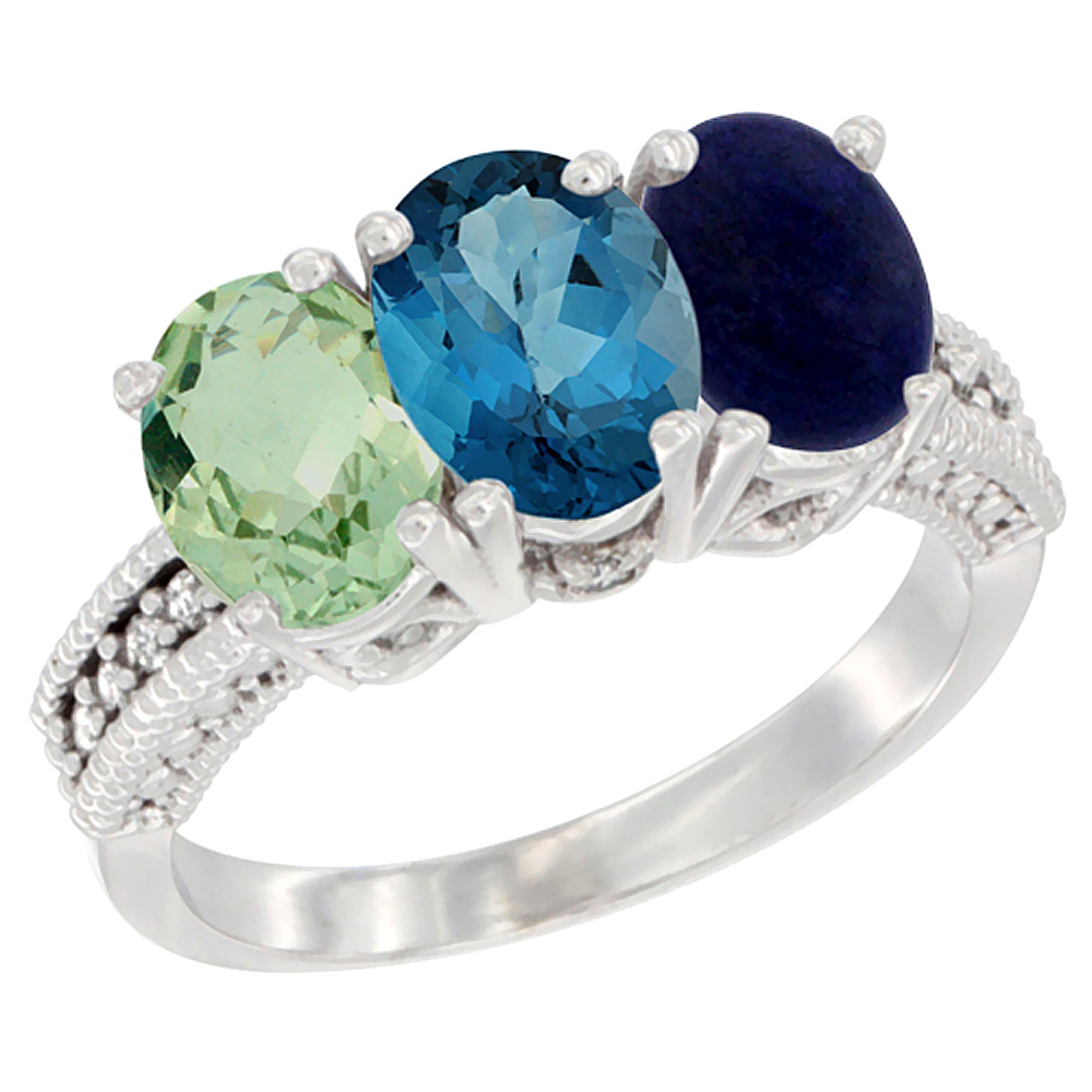 14K White Gold Natural Green Amethyst, London Blue Topaz &amp; Lapis Ring 3-Stone 7x5 mm Oval Diamond Accent, sizes 5 - 10