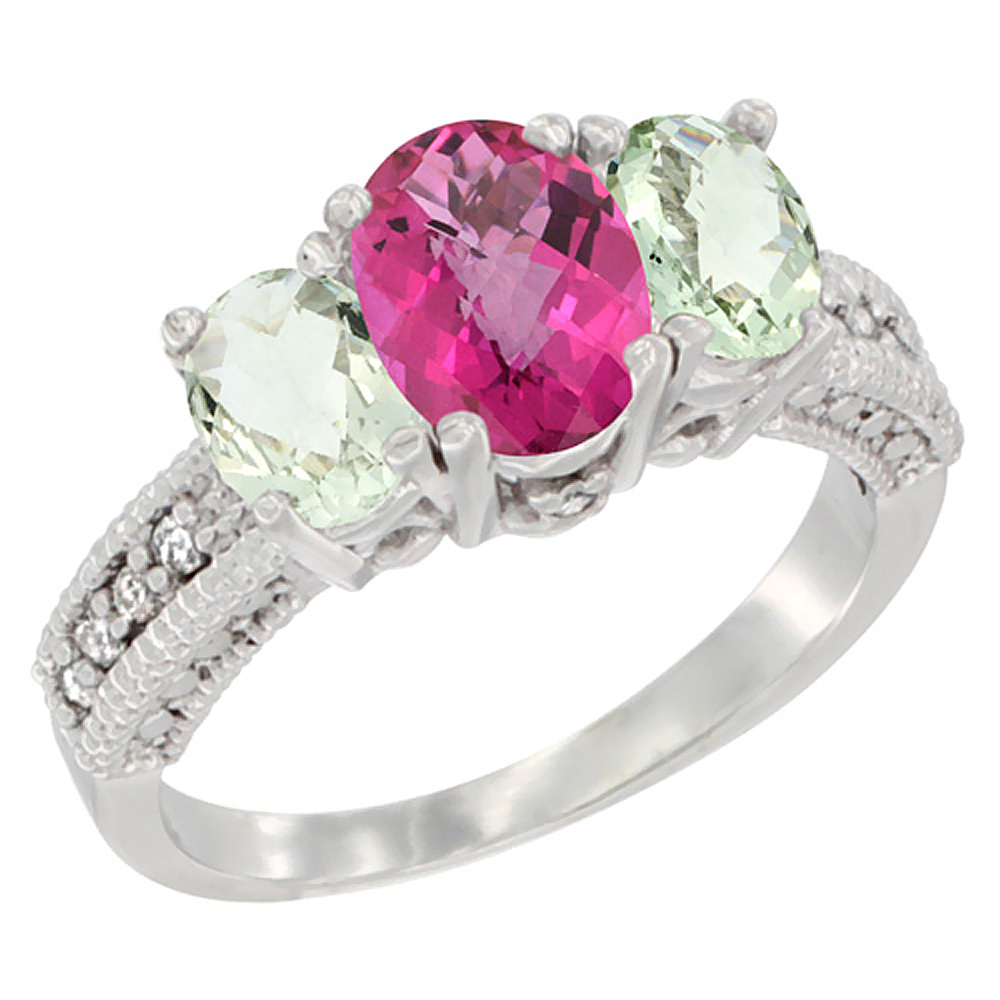 10K White Gold Diamond Natural Pink Topaz Ring Oval 3-stone with Green Amethyst, sizes 5 - 10
