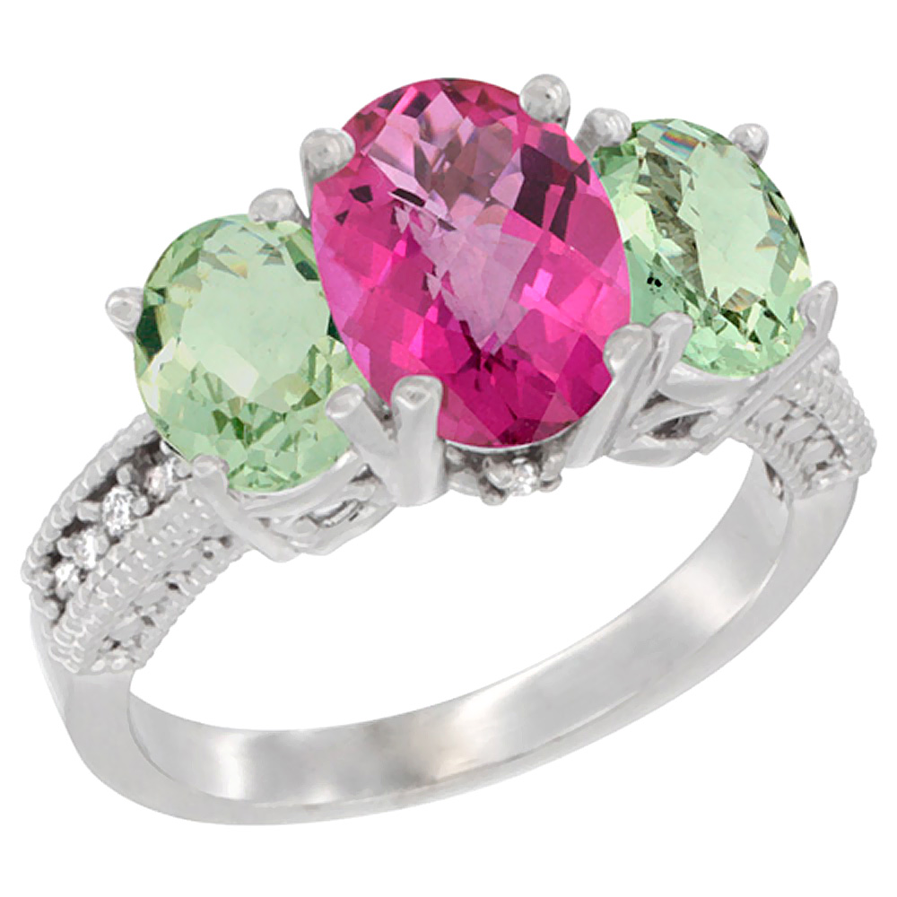 14K White Gold Diamond Natural Pink Topaz Ring 3-Stone Oval 8x6mm with Green Amethyst, sizes5-10