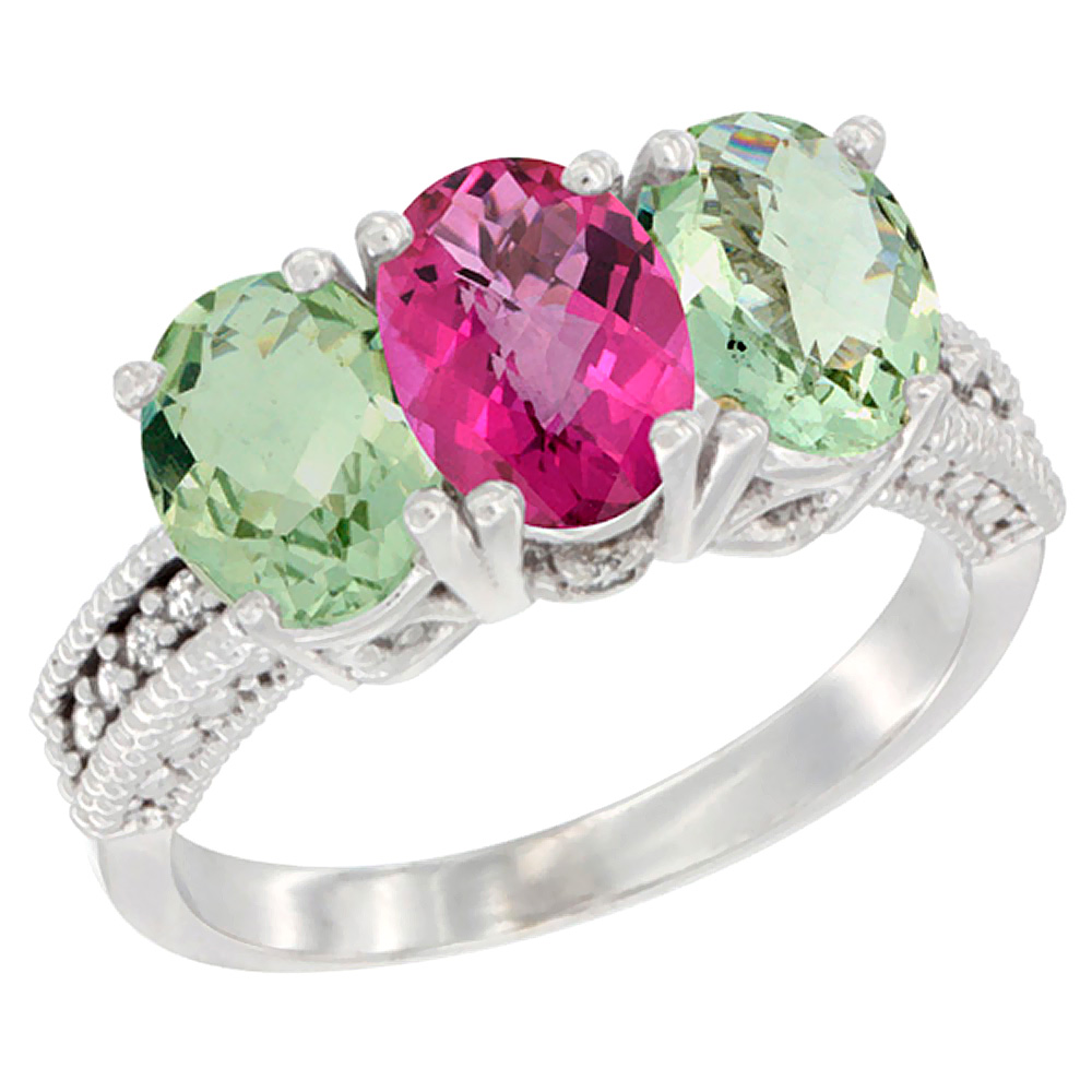 10K White Gold Natural Pink Topaz & Green Amethyst Sides Ring 3-Stone Oval 7x5 mm Diamond Accent, sizes 5 - 10