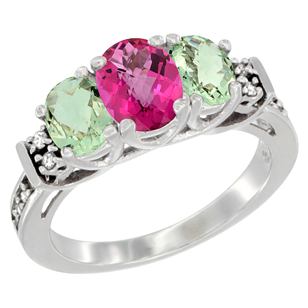 10K White Gold Natural Pink Topaz & Green Amethyst Ring 3-Stone Oval Diamond Accent, sizes 5-10