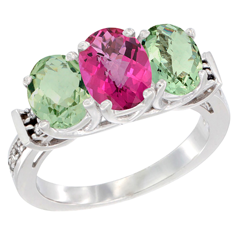 10K White Gold Natural Pink Topaz & Green Amethyst Sides Ring 3-Stone Oval Diamond Accent, sizes 5 - 10