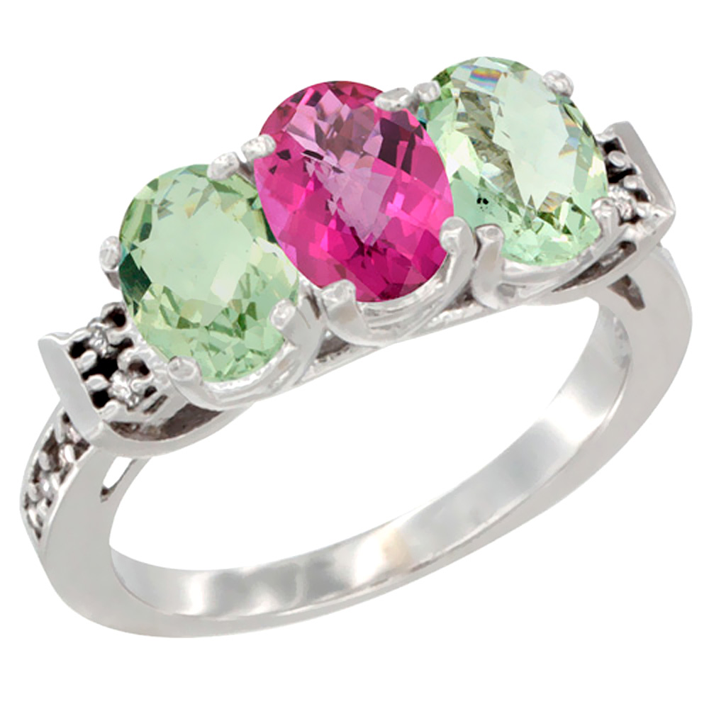 14K White Gold Natural Pink Topaz & Green Amethyst Sides Ring 3-Stone 7x5 mm Oval Diamond Accent, sizes 5 - 10