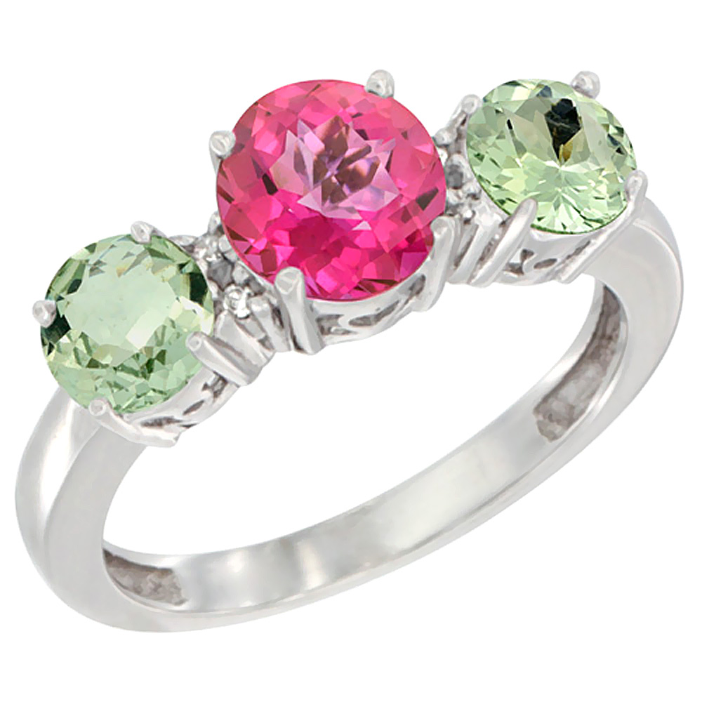 10K White Gold Round 3-Stone Natural Pink Topaz Ring &amp; Green Amethyst Sides Diamond Accent, sizes 5 - 10