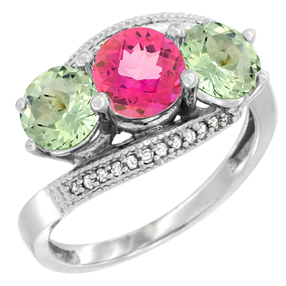 14K White Gold Natural Pink Topaz & Green Amethyst Sides 3 stone Ring Round 6mm Diamond Accent, sizes 5 - 10