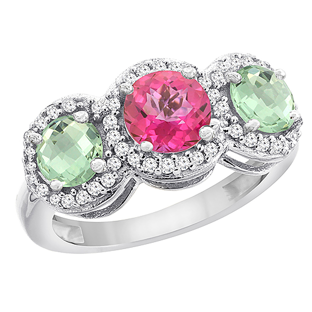 10K White Gold Natural Pink Topaz & Green Amethyst Sides Round 3-stone Ring Diamond Accents, sizes 5 - 10
