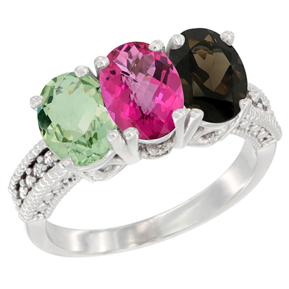 14K White Gold Natural Green Amethyst, Pink Topaz & Smoky Topaz Ring 3-Stone 7x5 mm Oval Diamond Accent, sizes 5 - 10