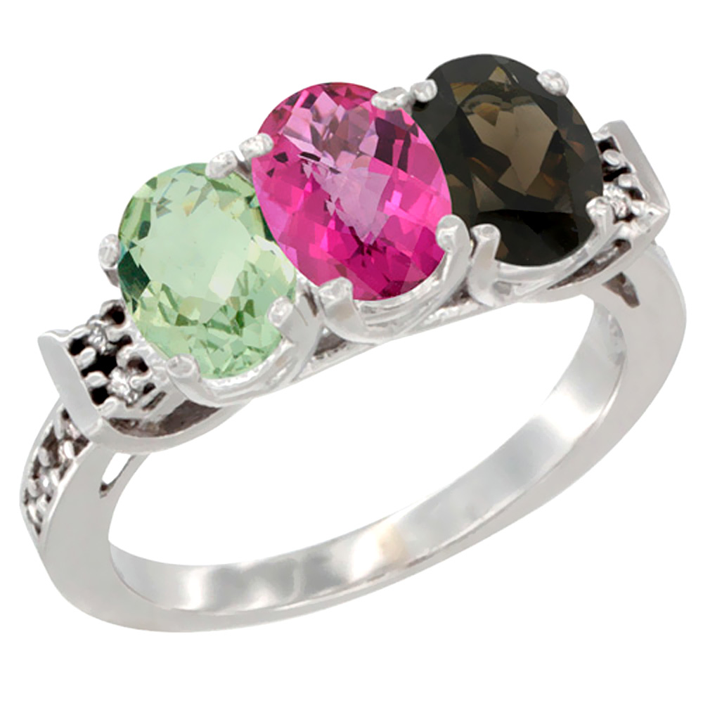 14K White Gold Natural Green Amethyst, Pink Topaz & Smoky Topaz Ring 3-Stone 7x5 mm Oval Diamond Accent, sizes 5 - 10