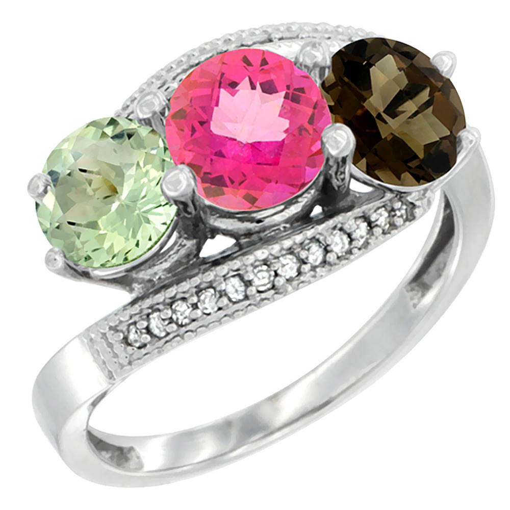 14K White Gold Natural Green Amethyst, Pink & Smoky Topaz 3 stone Ring Round 6mm Diamond Accent, sizes 5 - 10