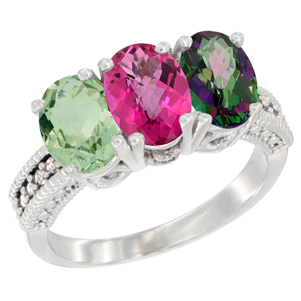 10K White Gold Natural Green Amethyst, Pink Topaz &amp; Mystic Topaz Ring 3-Stone Oval 7x5 mm Diamond Accent, sizes 5 - 10