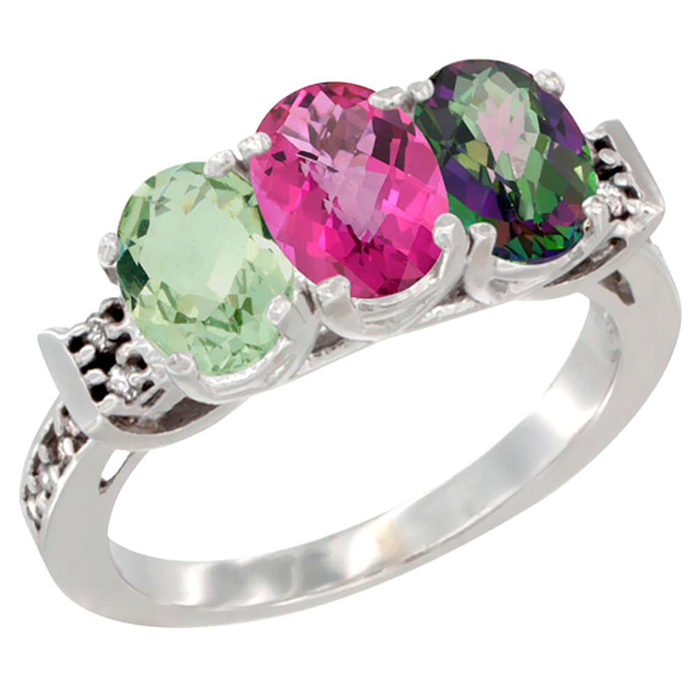 14K White Gold Natural Green Amethyst, Pink Topaz &amp; Mystic Topaz Ring 3-Stone 7x5 mm Oval Diamond Accent, sizes 5 - 10
