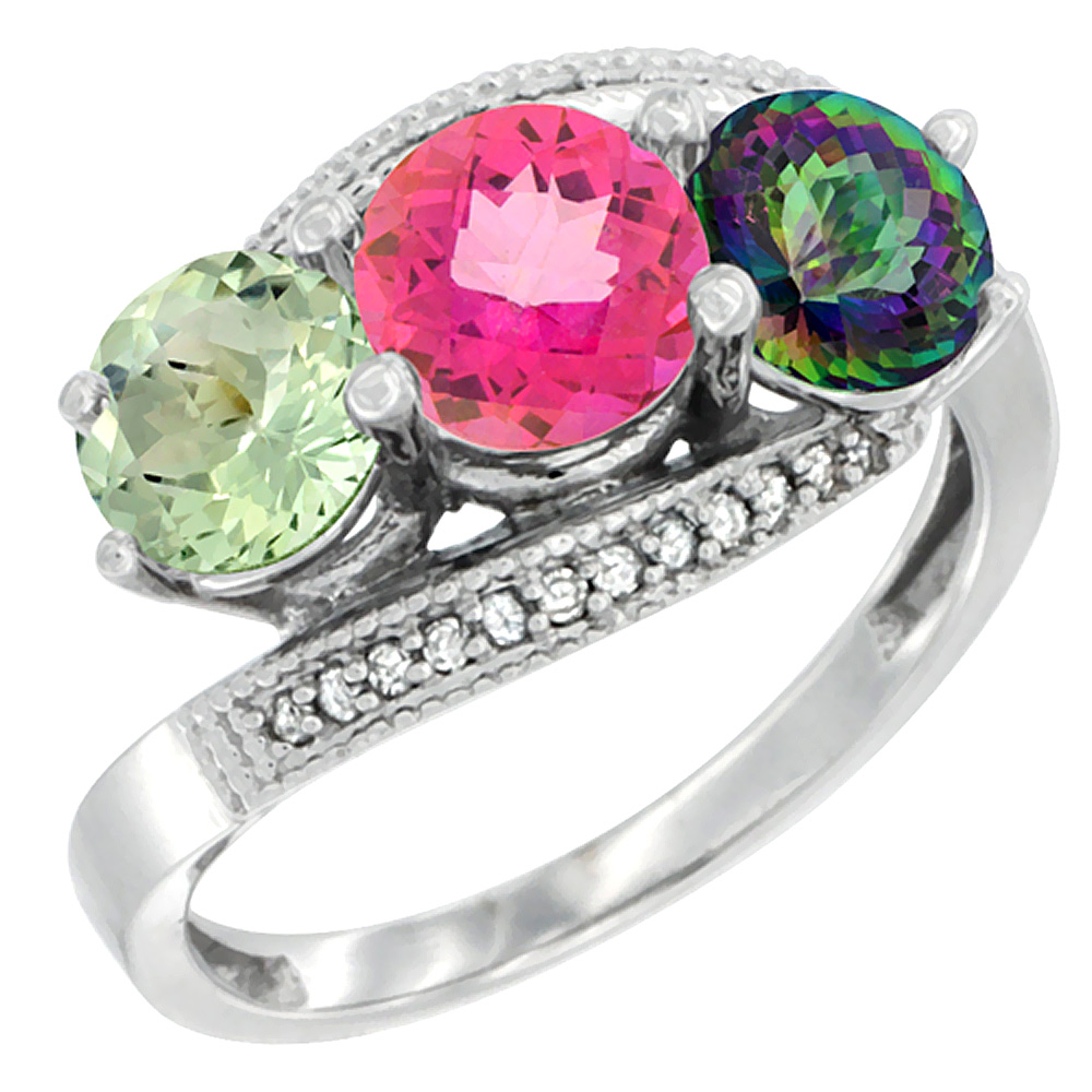 14K White Gold Natural Green Amethyst, Pink &amp; Mystic Topaz 3 stone Ring Round 6mm Diamond Accent, sizes 5 - 10