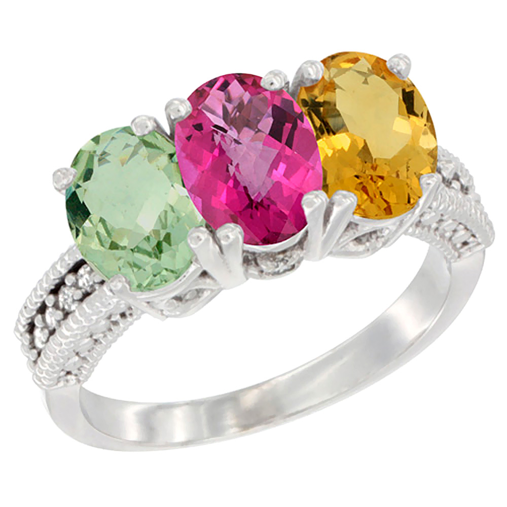 14K White Gold Natural Green Amethyst, Pink Topaz &amp; Citrine Ring 3-Stone 7x5 mm Oval Diamond Accent, sizes 5 - 10