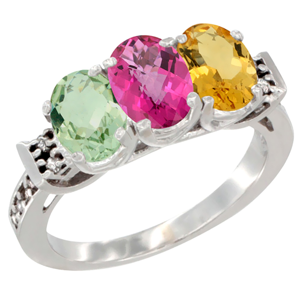 14K White Gold Natural Green Amethyst, Pink Topaz &amp; Citrine Ring 3-Stone 7x5 mm Oval Diamond Accent, sizes 5 - 10