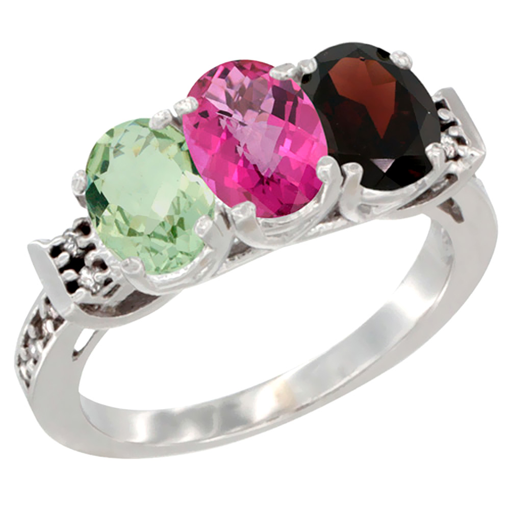 10K White Gold Natural Green Amethyst, Pink Topaz &amp; Garnet Ring 3-Stone Oval 7x5 mm Diamond Accent, sizes 5 - 10