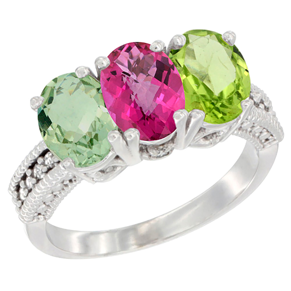 10K White Gold Natural Green Amethyst, Pink Topaz &amp; Peridot Ring 3-Stone Oval 7x5 mm Diamond Accent, sizes 5 - 10