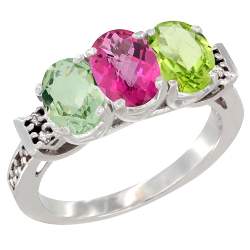 14K White Gold Natural Green Amethyst, Pink Topaz &amp; Peridot Ring 3-Stone 7x5 mm Oval Diamond Accent, sizes 5 - 10