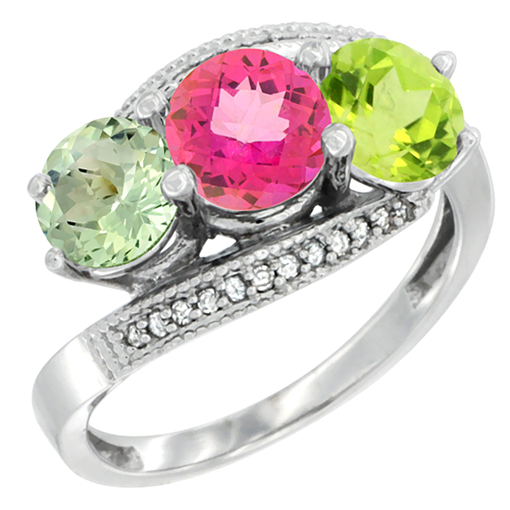 14K White Gold Natural Green Amethyst, Pink Topaz & Peridot 3 stone Ring Round 6mm Diamond Accent, sizes 5 - 10