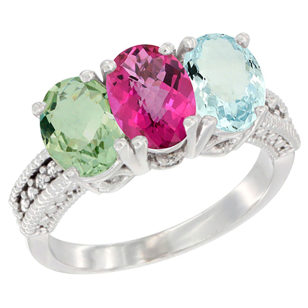 14K White Gold Natural Green Amethyst, Pink Topaz &amp; Aquamarine Ring 3-Stone 7x5 mm Oval Diamond Accent, sizes 5 - 10