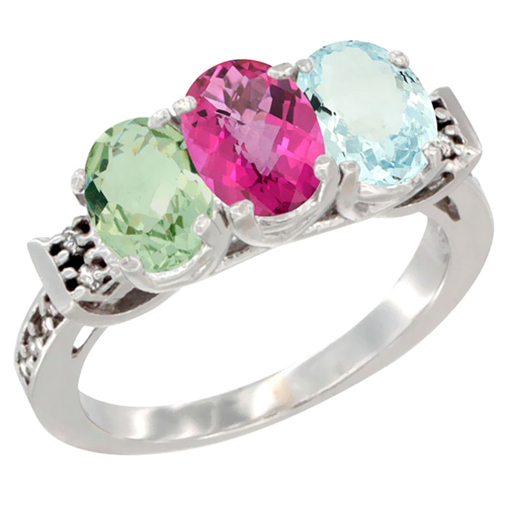 14K White Gold Natural Green Amethyst, Pink Topaz &amp; Aquamarine Ring 3-Stone 7x5 mm Oval Diamond Accent, sizes 5 - 10