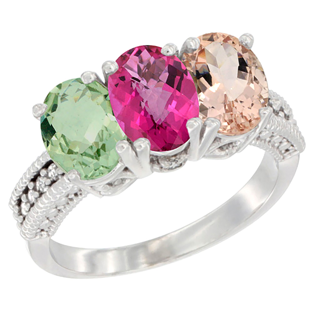 10K White Gold Natural Green Amethyst, Pink Topaz &amp; Morganite Ring 3-Stone Oval 7x5 mm Diamond Accent, sizes 5 - 10