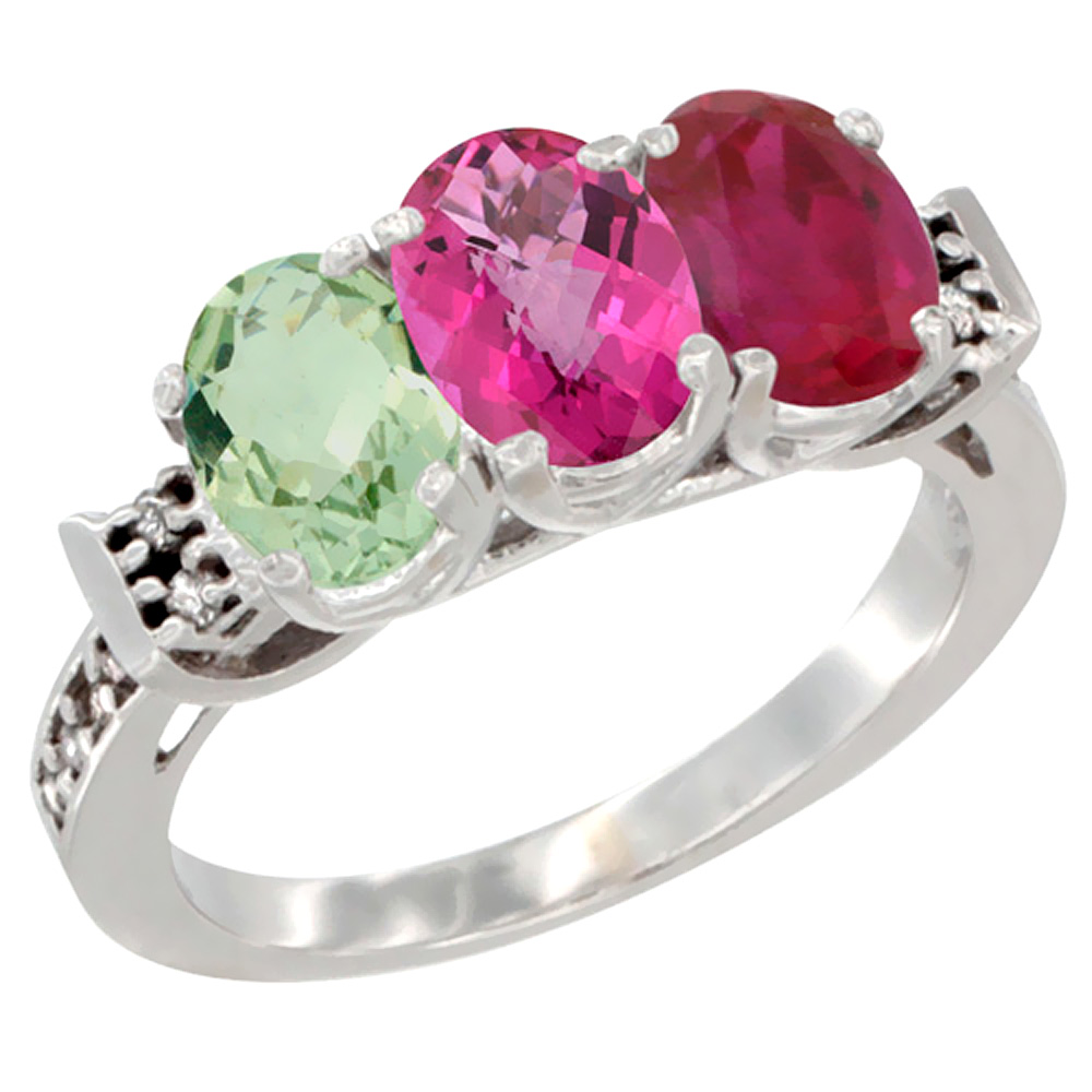 14K White Gold Natural Green Amethyst, Pink Topaz & Enhanced Ruby Ring 3-Stone 7x5 mm Oval Diamond Accent, sizes 5 - 10