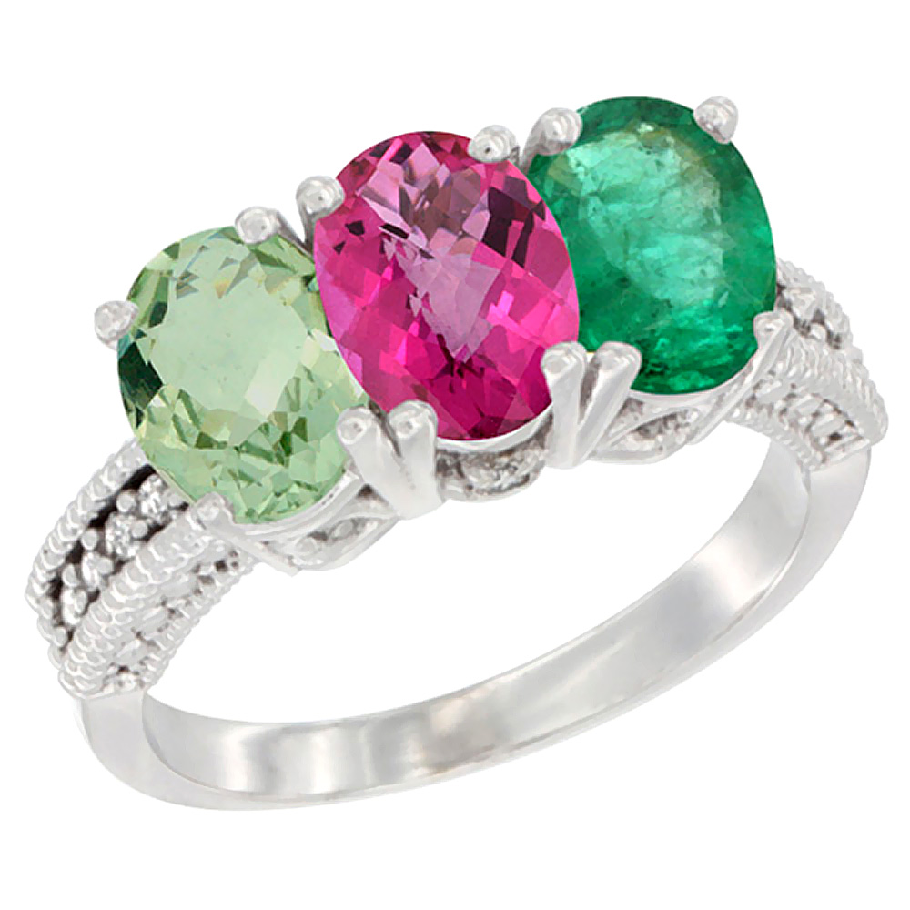 10K White Gold Natural Green Amethyst, Pink Topaz &amp; Emerald Ring 3-Stone Oval 7x5 mm Diamond Accent, sizes 5 - 10
