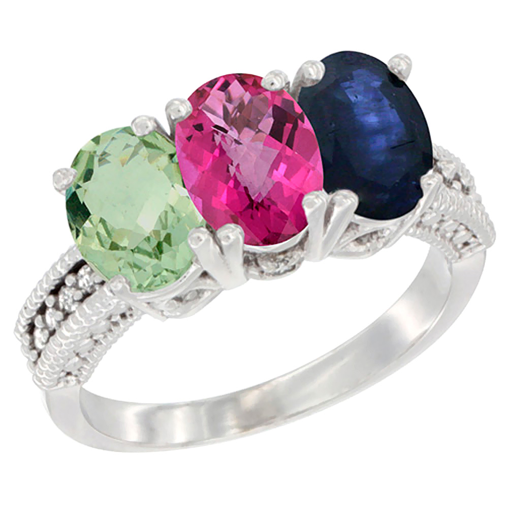 14K White Gold Natural Green Amethyst, Pink Topaz & Blue Sapphire Ring 3-Stone 7x5 mm Oval Diamond Accent, sizes 5 - 10