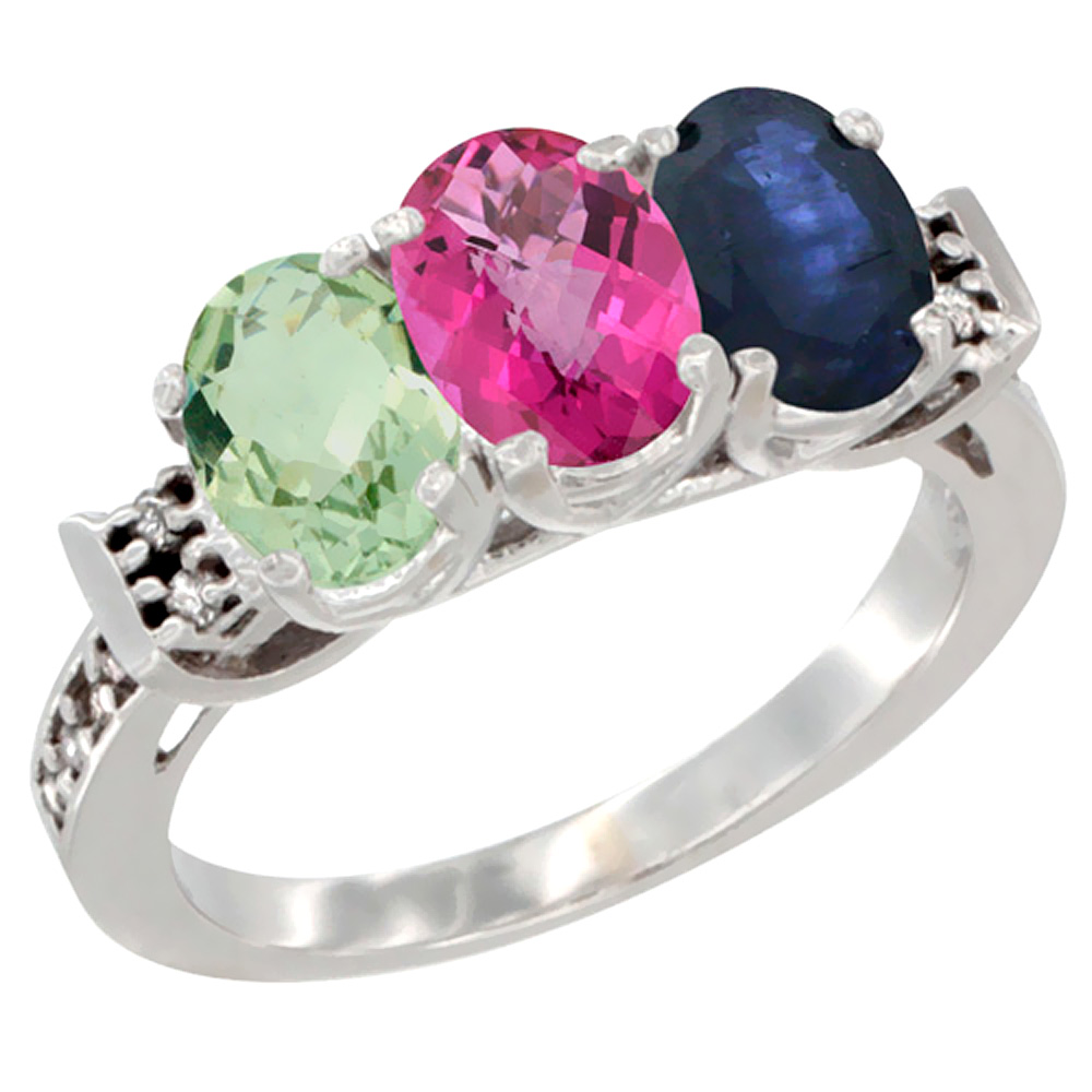 10K White Gold Natural Green Amethyst, Pink Topaz & Blue Sapphire Ring 3-Stone Oval 7x5 mm Diamond Accent, sizes 5 - 10