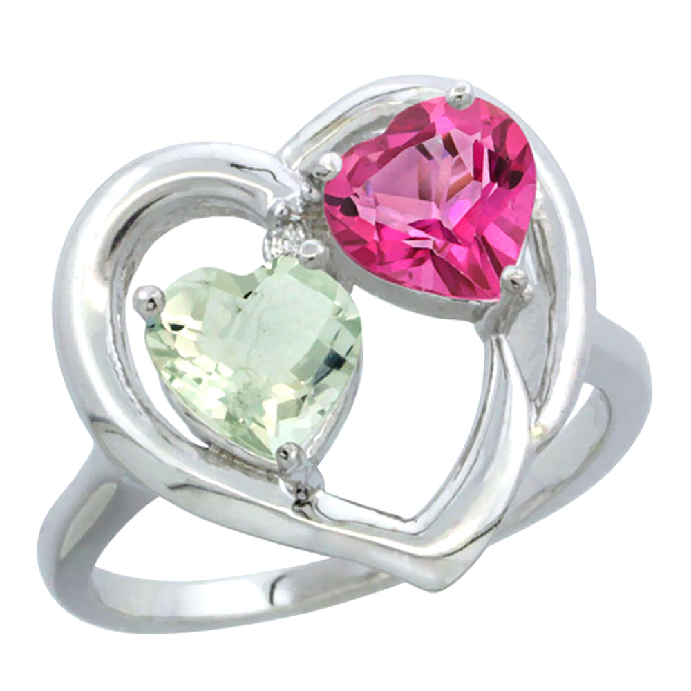 14K White Gold Diamond Two-stone Heart Ring 6mm Natural Green Amethyst & Pink Topaz, sizes 5-10