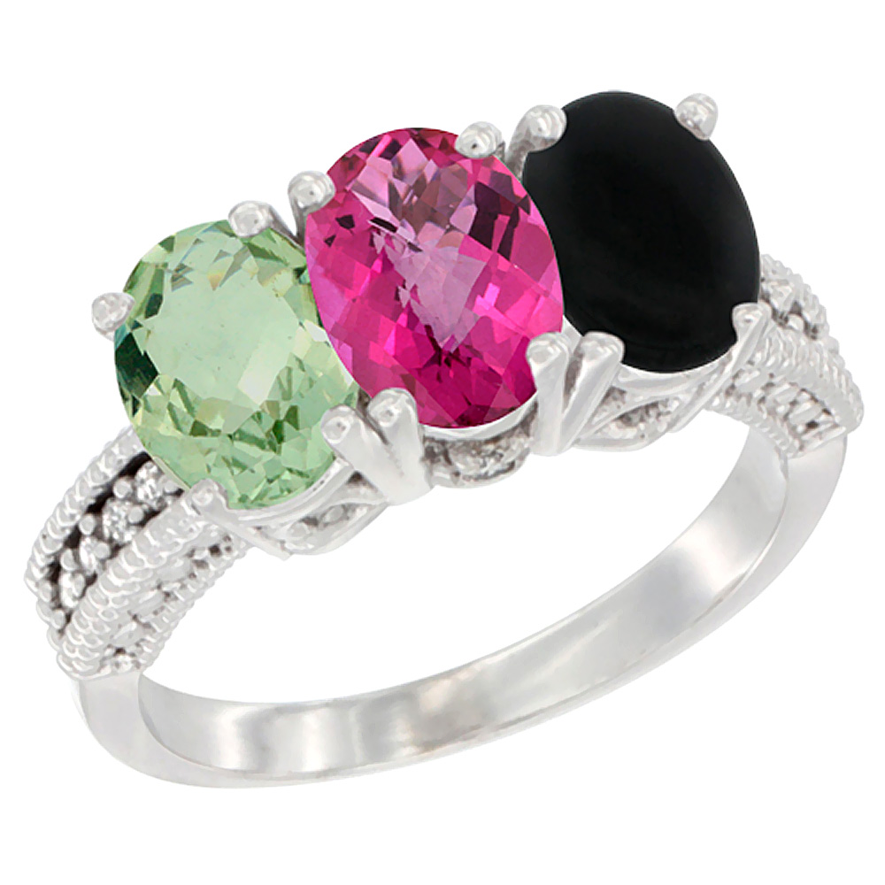 14K White Gold Natural Green Amethyst, Pink Topaz &amp; Black Onyx Ring 3-Stone 7x5 mm Oval Diamond Accent, sizes 5 - 10