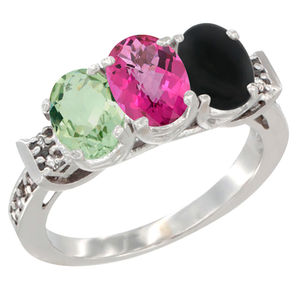 14K White Gold Natural Green Amethyst, Pink Topaz & Black Onyx Ring 3-Stone 7x5 mm Oval Diamond Accent, sizes 5 - 10