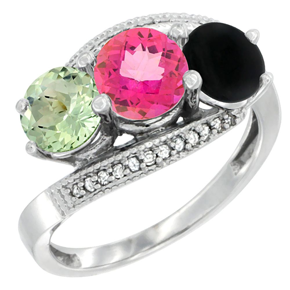 14K White Gold Natural Green Amethyst, Pink Topaz &amp; Black Onyx 3 stone Ring Round 6mm Diamond Accent, sizes 5 - 10