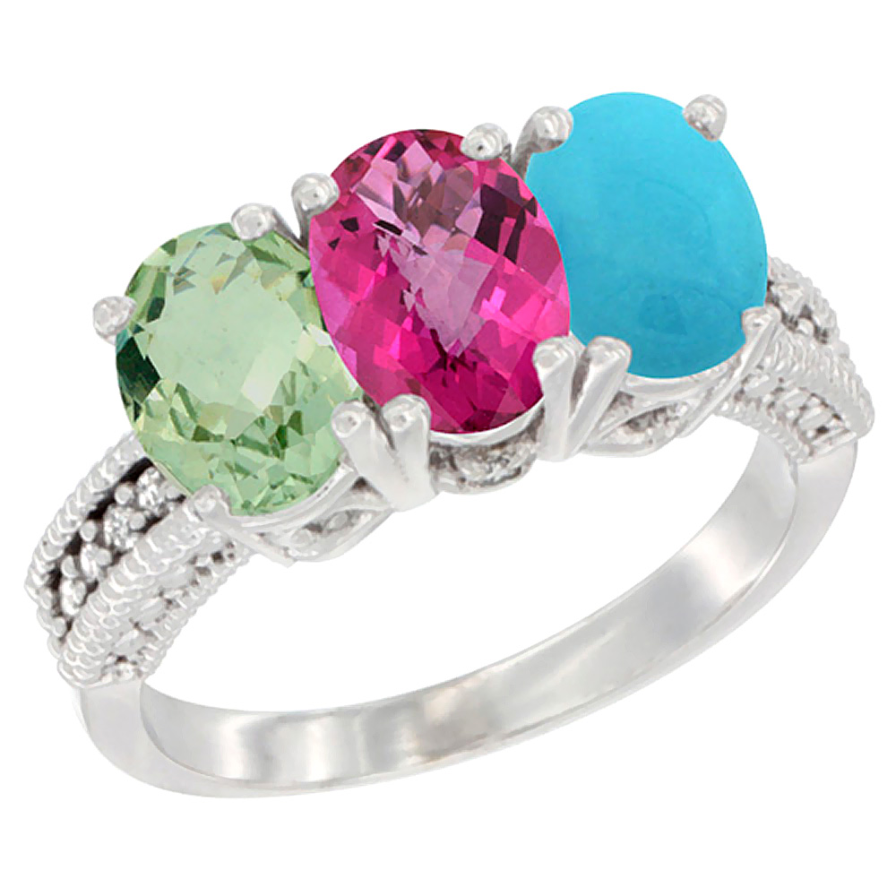 10K White Gold Natural Green Amethyst, Pink Topaz &amp; Turquoise Ring 3-Stone Oval 7x5 mm Diamond Accent, sizes 5 - 10