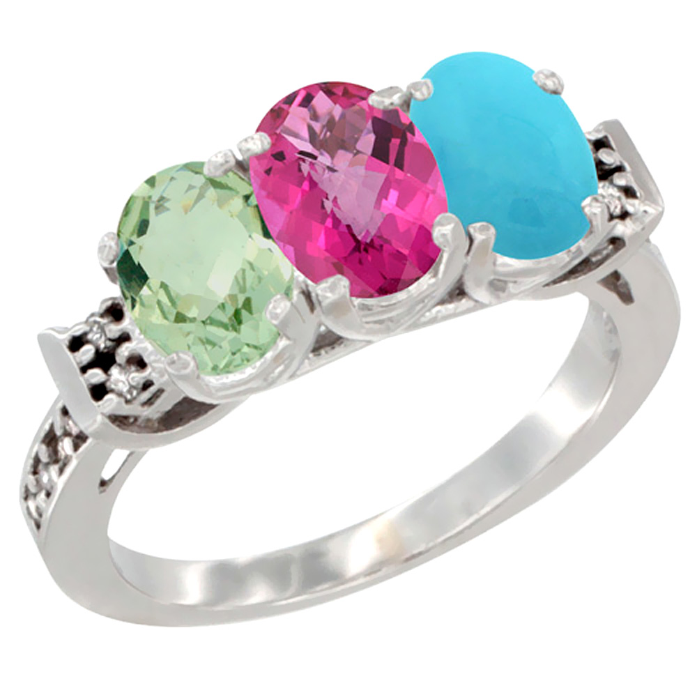 10K White Gold Natural Green Amethyst, Pink Topaz &amp; Turquoise Ring 3-Stone Oval 7x5 mm Diamond Accent, sizes 5 - 10