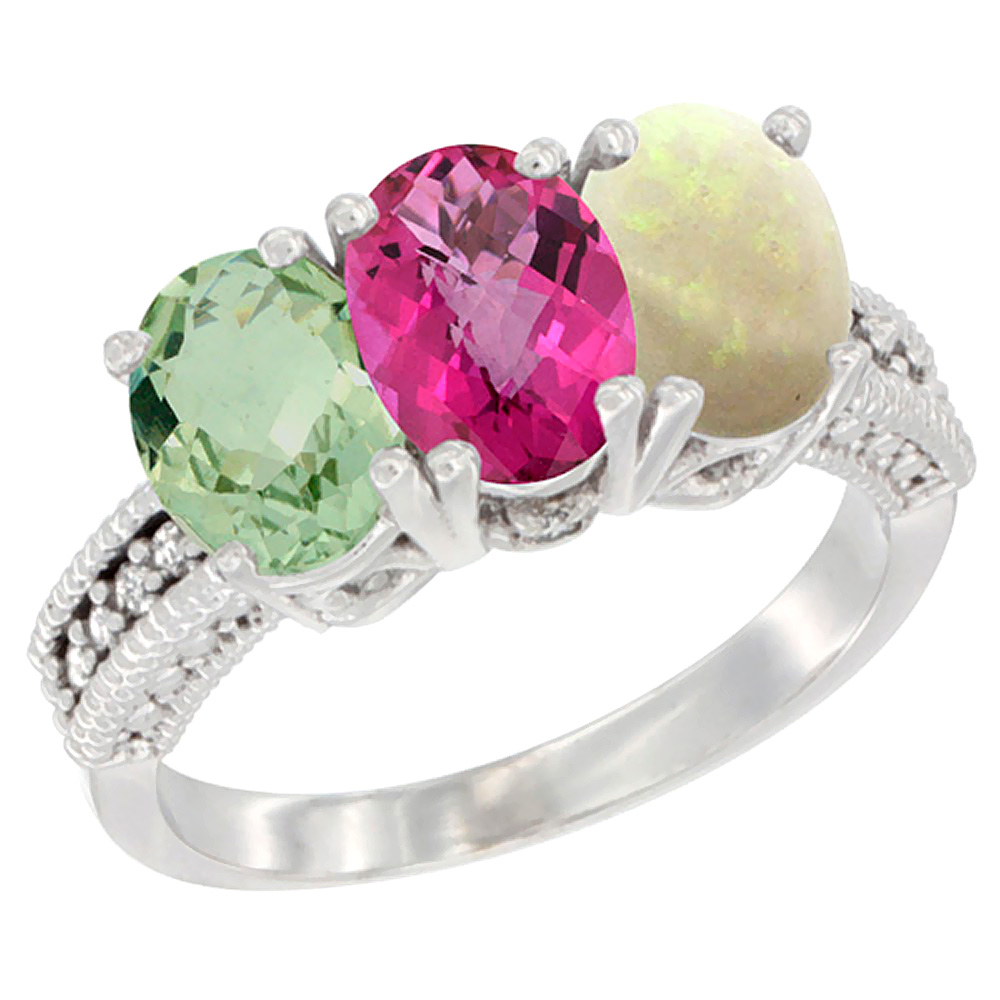 10K White Gold Natural Green Amethyst, Pink Topaz & Opal Ring 3-Stone Oval 7x5 mm Diamond Accent, sizes 5 - 10