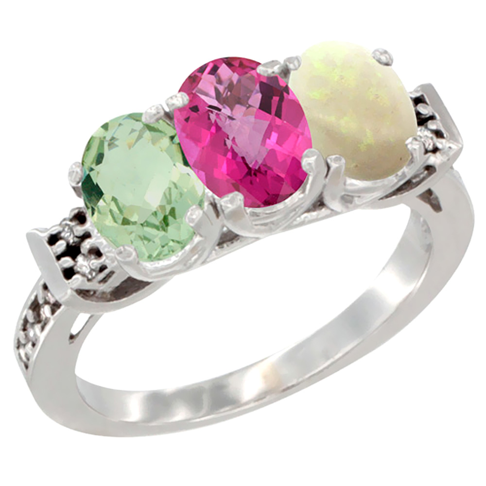 10K White Gold Natural Green Amethyst, Pink Topaz & Opal Ring 3-Stone Oval 7x5 mm Diamond Accent, sizes 5 - 10