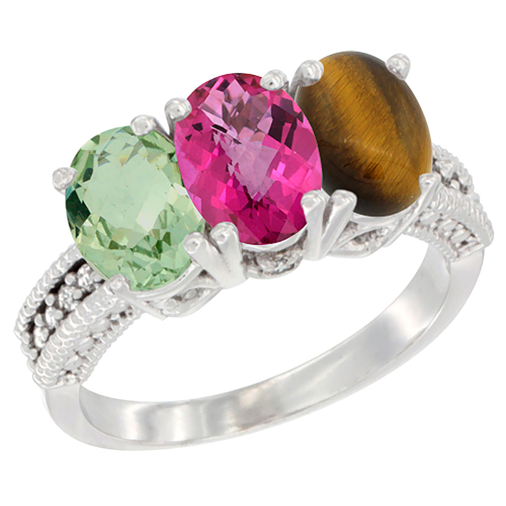 14K White Gold Natural Green Amethyst, Pink Topaz &amp; Tiger Eye Ring 3-Stone 7x5 mm Oval Diamond Accent, sizes 5 - 10