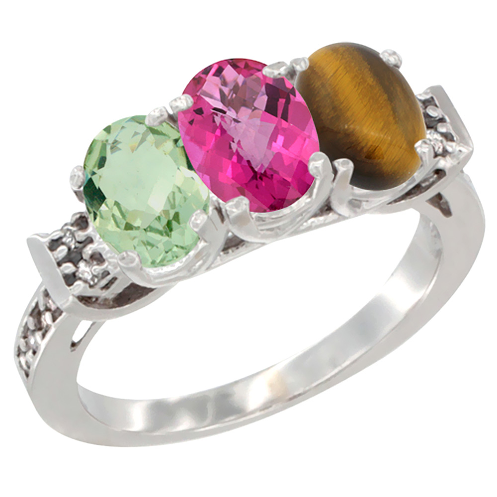 10K White Gold Natural Green Amethyst, Pink Topaz &amp; Tiger Eye Ring 3-Stone Oval 7x5 mm Diamond Accent, sizes 5 - 10