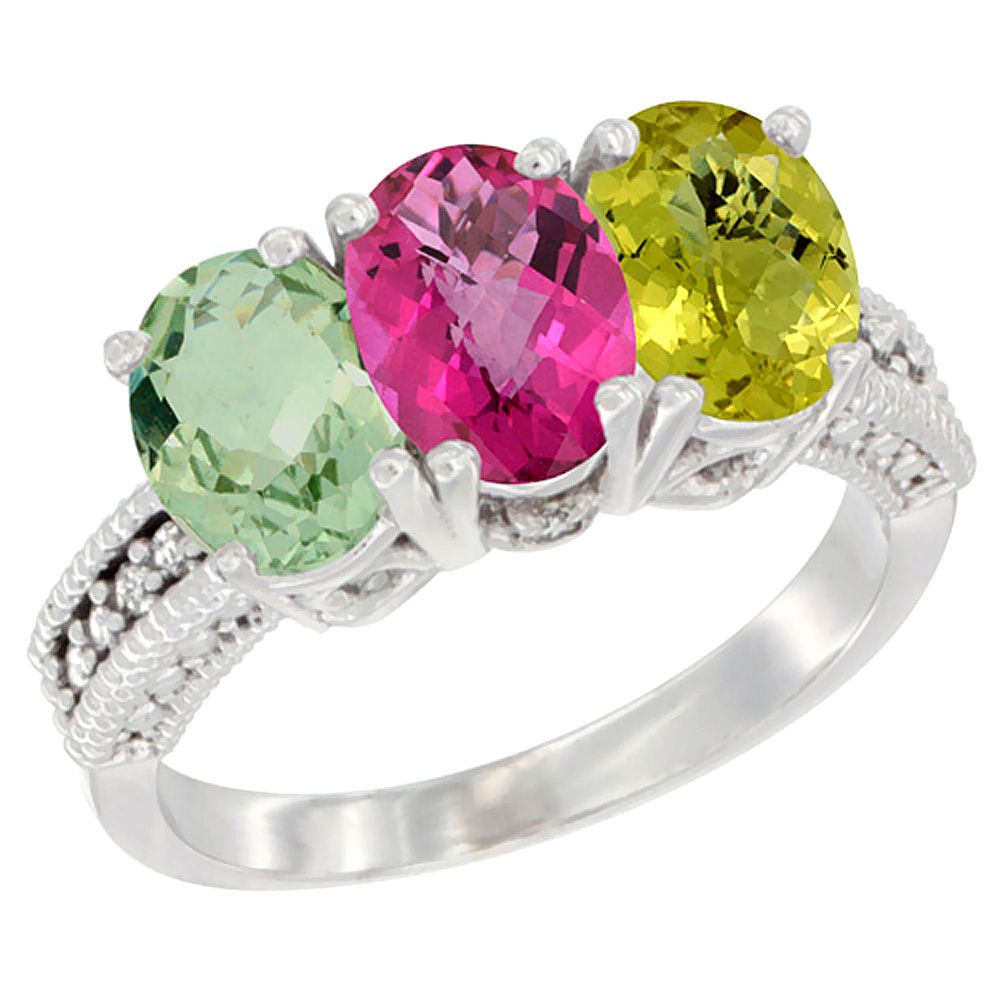 14K White Gold Natural Green Amethyst, Pink Topaz & Lemon Quartz Ring 3-Stone 7x5 mm Oval Diamond Accent, sizes 5 - 10