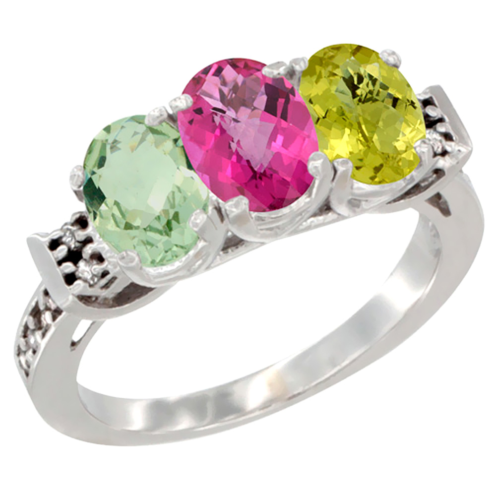 14K White Gold Natural Green Amethyst, Pink Topaz & Lemon Quartz Ring 3-Stone 7x5 mm Oval Diamond Accent, sizes 5 - 10