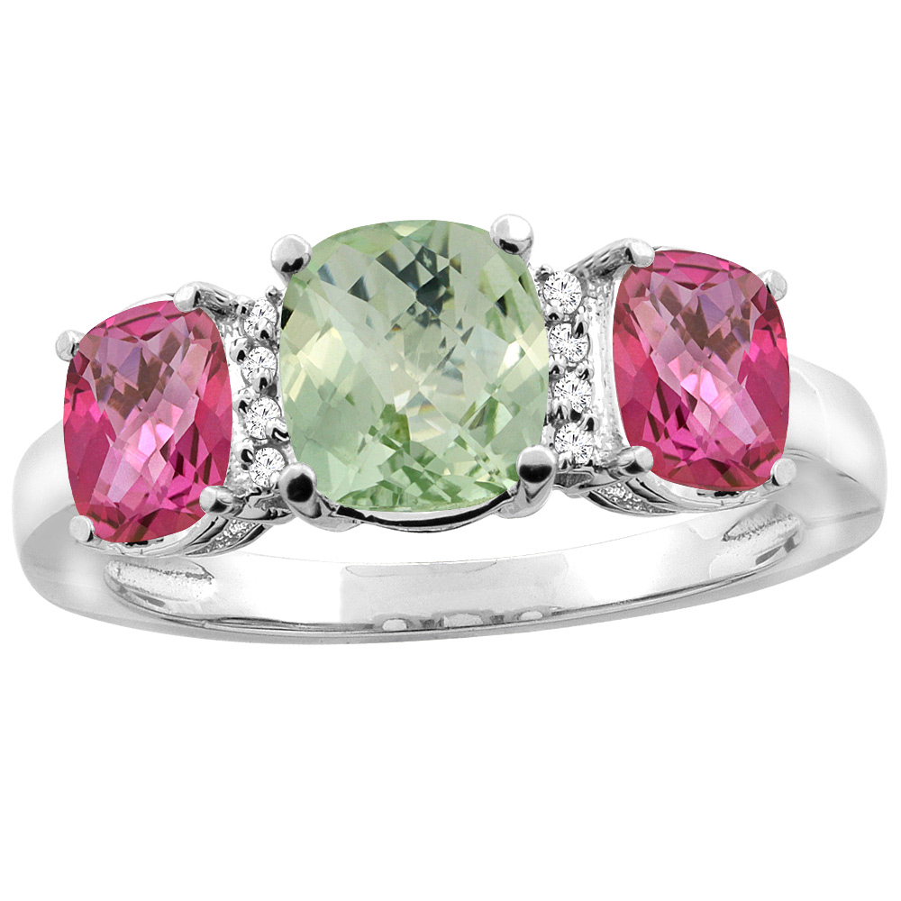 14K Yellow Gold Natural Green Amethyst &amp; Pink Topaz 3-stone Ring Cushion 8x6mm Diamond Accent, sizes 5 - 10