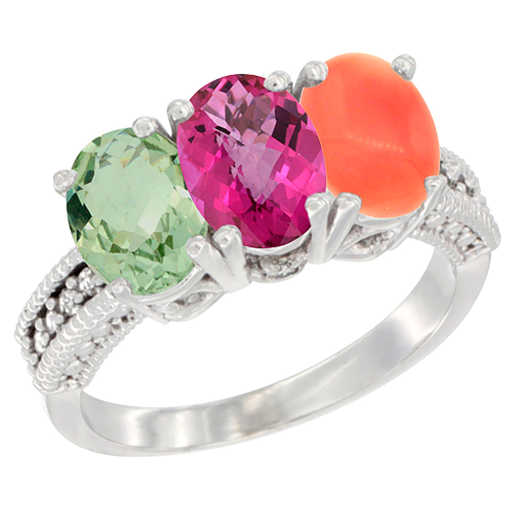 14K White Gold Natural Green Amethyst, Pink Topaz &amp; Coral Ring 3-Stone 7x5 mm Oval Diamond Accent, sizes 5 - 10