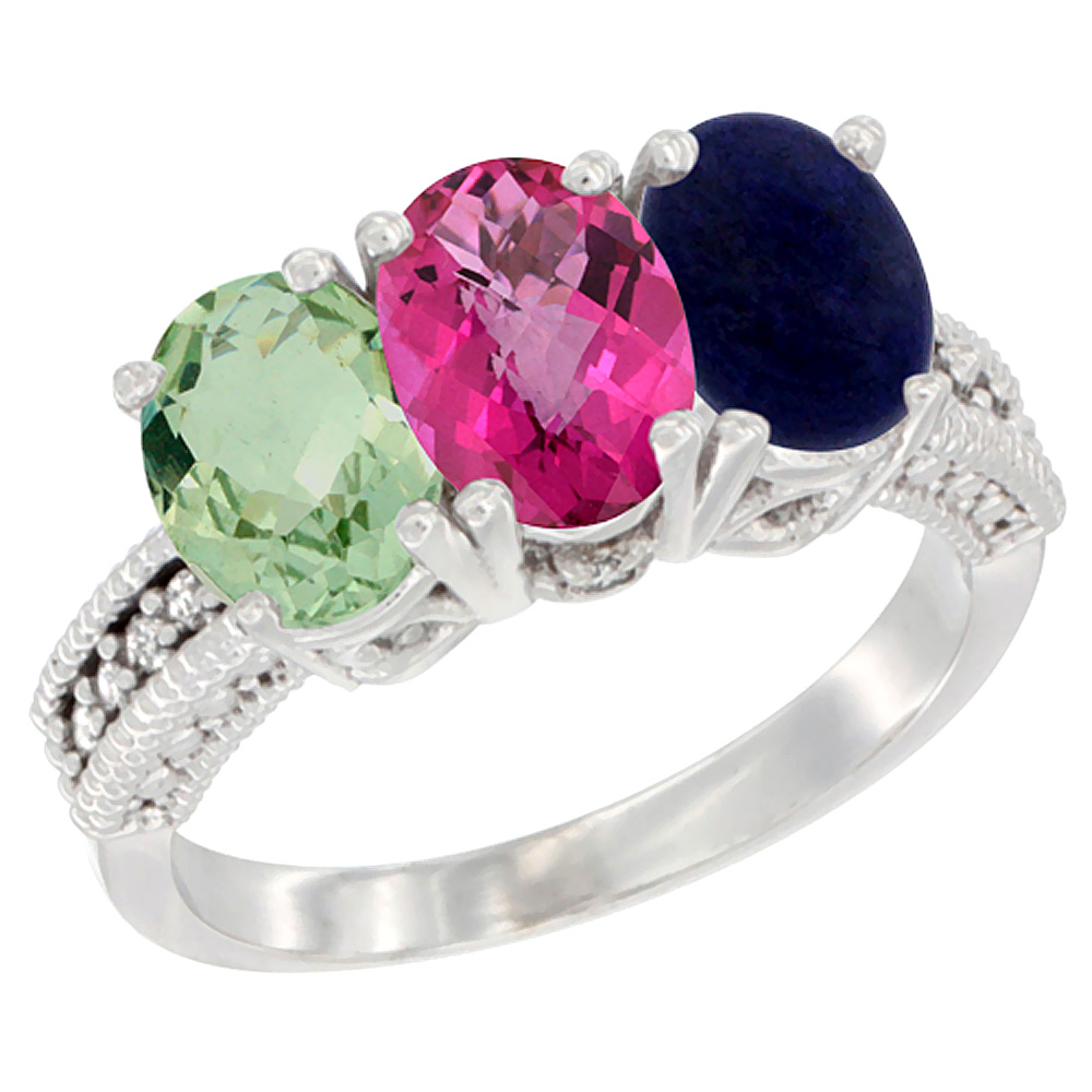 14K White Gold Natural Green Amethyst, Pink Topaz & Lapis Ring 3-Stone 7x5 mm Oval Diamond Accent, sizes 5 - 10