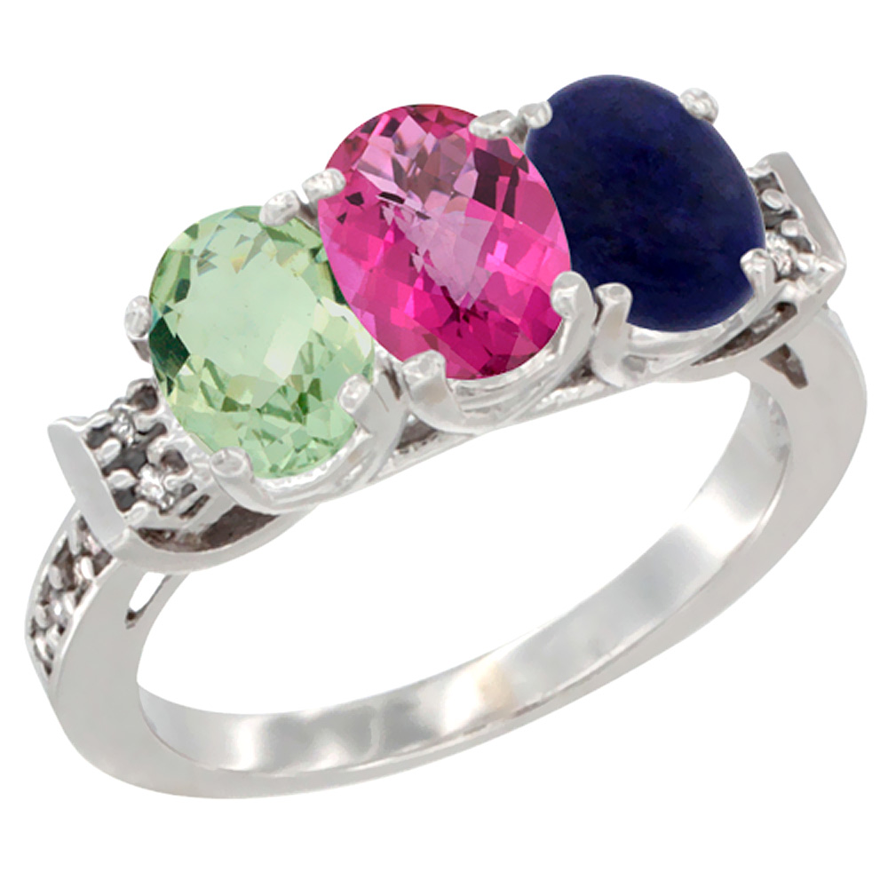 14K White Gold Natural Green Amethyst, Pink Topaz & Lapis Ring 3-Stone 7x5 mm Oval Diamond Accent, sizes 5 - 10